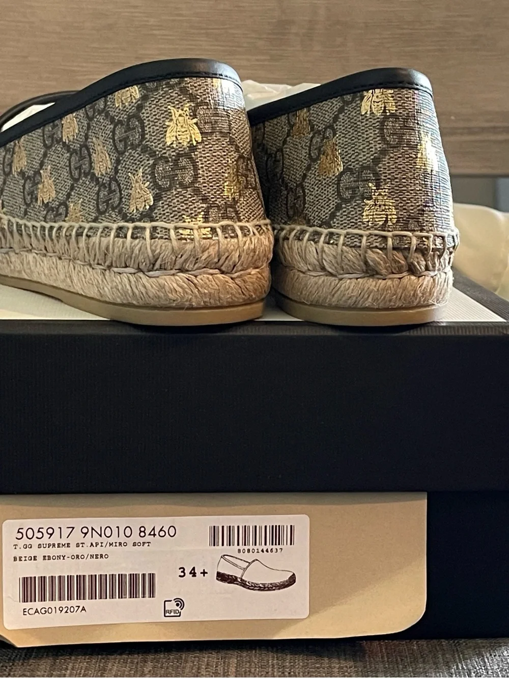 Gucci Brown Canvas Espadrilles with Gold Bee Detail